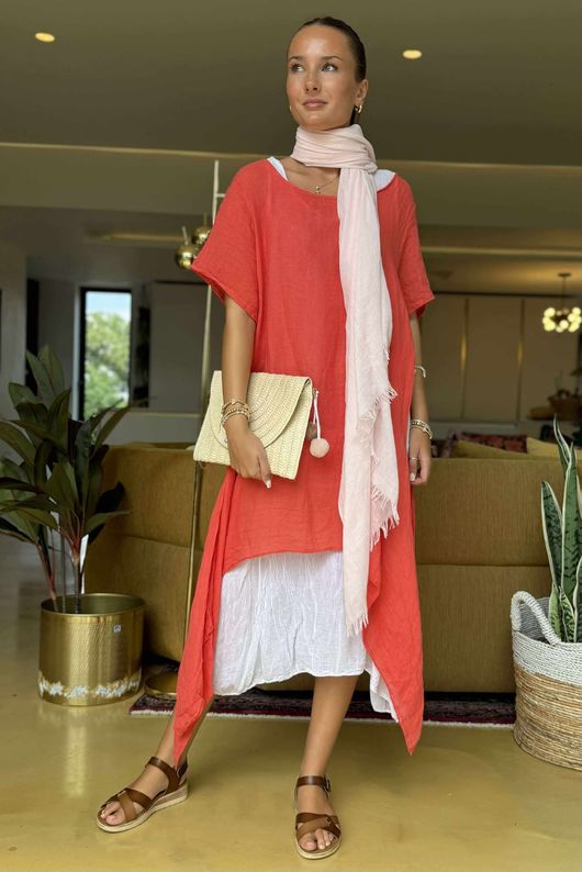 Pure Linen Jensen Two Piece Split Side Dress Small Watermelon